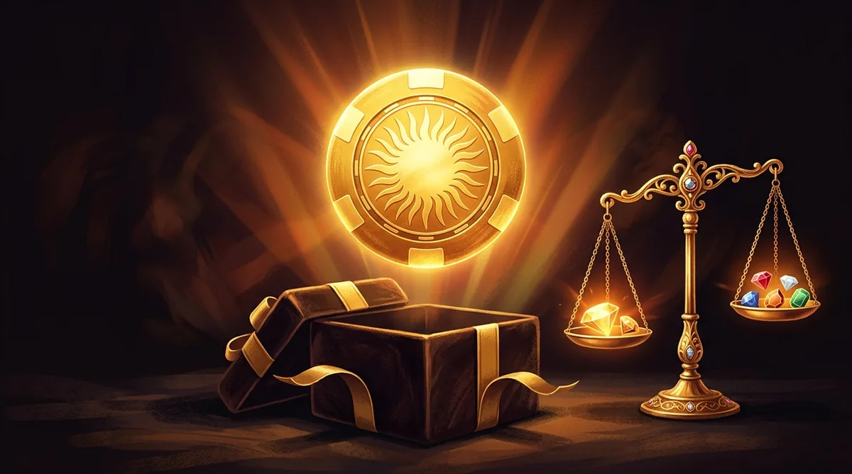 Glowing gold chip above a gift box beside a balance scale weighing gems